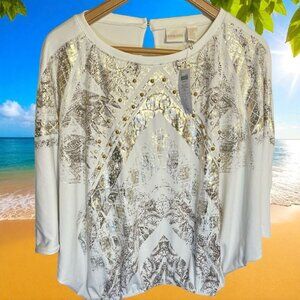 NWT Chicos Elegant Artisan Emerson Top - Ecru with Gold Foil & Beads - Gorgeous!